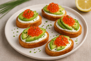 קרוסטיני עם שמנת חמוצה, אבוקדו וביצי דגים